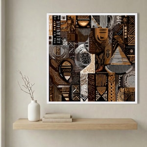 Lienzo con patrones tribales africanos abstractos, arte mural étnico, decoración bohemia para el hogar, lienzo geométrico en tonos marrones, diseño de arte cultural, listo para colgar. imagen 4