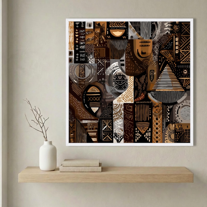 Lienzo con patrones tribales africanos abstractos, arte mural étnico, decoración bohemia para el hogar, lienzo geométrico en tonos marrones, diseño de arte cultural, listo para colgar. imagen 4