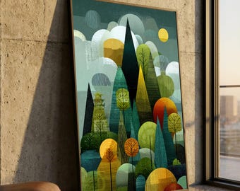 Abstract Geometric Forest Canvas, Modern Tree Wall Art, Nature Landscape Canvas, Colorful Woodland Decor, Home Decoration Canvas Art