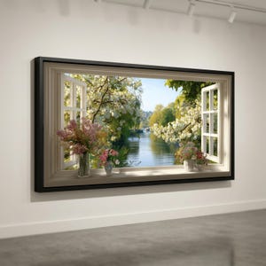Open Window View Canvas, Spring Blossom Trees, River Landscape Wall Art, Floral Nature Canvas Decor, Garden Scene Ready to Hang