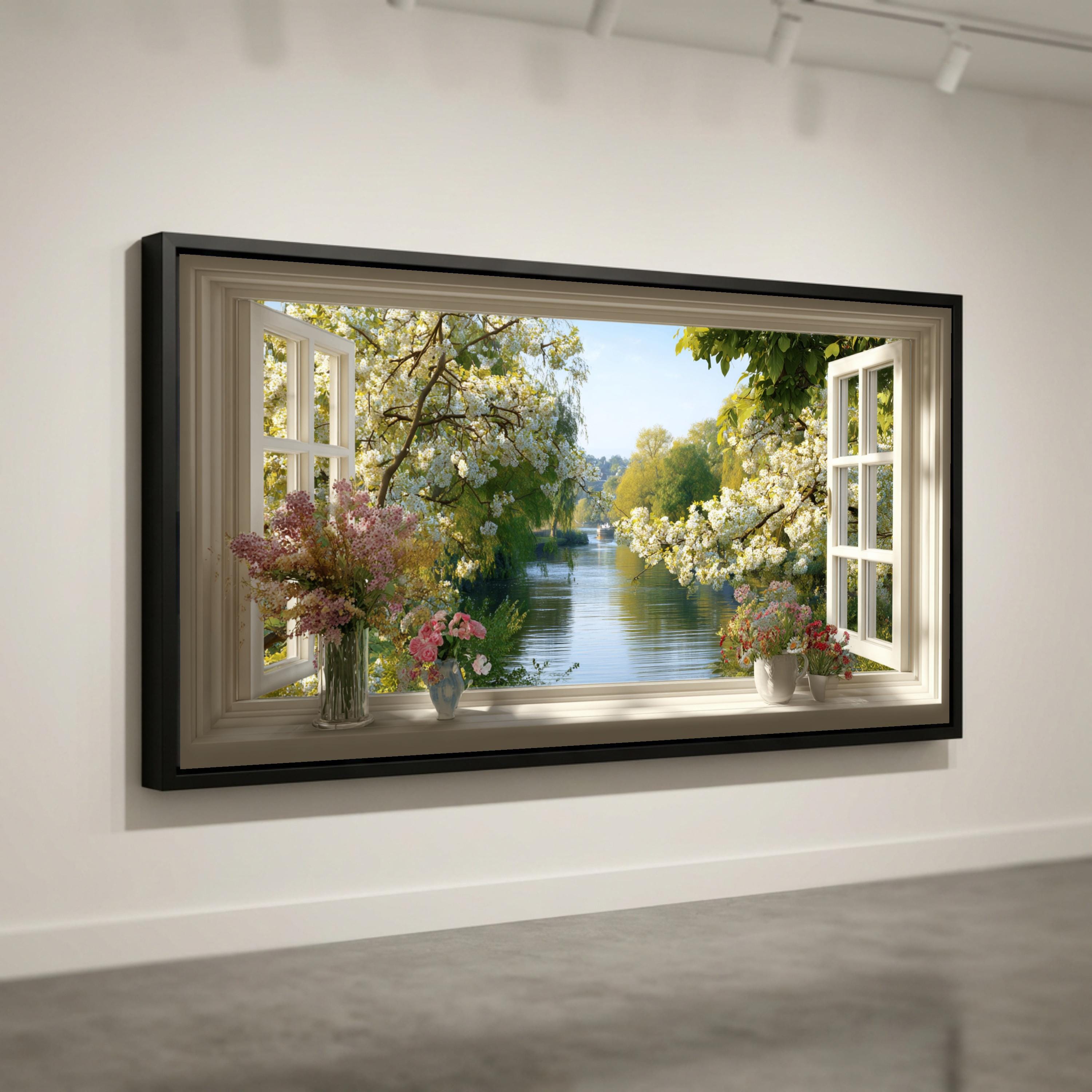 Spring Window View Real Open Window View Canvas, Spring Blossom Trees, River Landscape Wall Art ...