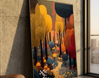 Autumn Forest Path Canvas Wall Art, Colorful Trees Painting, Fall Woodland Decor, Nature Landscape Canvas, Vibrant Seasonal Artwork