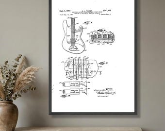 Lienzo con patente de guitarra eléctrica vintage, diseño de pastilla Fender, arte mural con plano de instrumento musical, decoración musical retro, impresión lista para colgar.