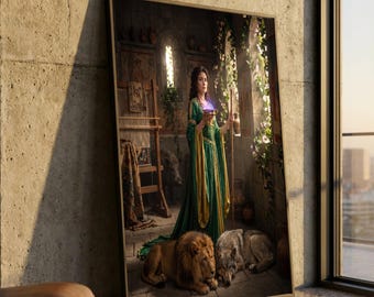 Circe, die antike Zauberin – Wandbild auf Leinwand, mythologische Göttin mit Zaubertrank, Löwe und Wolf als Begleiter, Fantasy-Kunstdruck