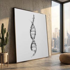 DNAらせん音符キャンバス、抽象的な音楽アート、白黒の壁飾り、モダンな科学デザイン、すぐに飾れるキャンバスウォールアート