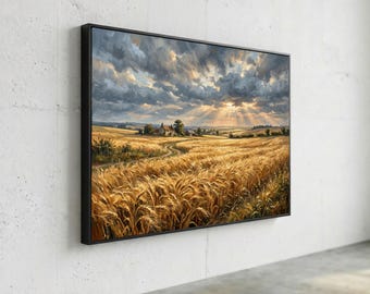 Lienzo de campo de trigo dorado, arte mural de paisaje campestre, cielo nublado dramático, decoración de casa de campo, pintura rústica de naturaleza sobre lienzo