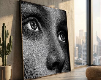 Retrato intrincado con técnica de puntillismo, lienzo en blanco y negro, arte mural con rostro puntillista, lienzo minimalista moderno, decoración con expresión facial detallada.