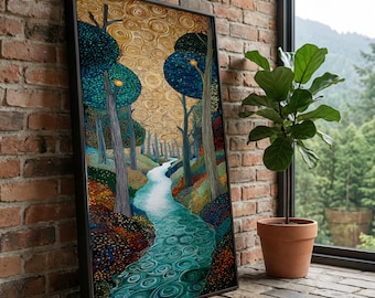 Nyckfull canvastavla med skogsbäck, abstrakt naturlandskap, virvlande gyllene himmel, moderna blågröna träd, heminredningskonstverk