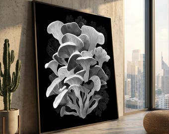 Monochrome Mushroom Cluster Leinwand, botanische Wandkunst, schwarzweiße Pilze Illustration, Natur Home Decor, moderne Leinwand