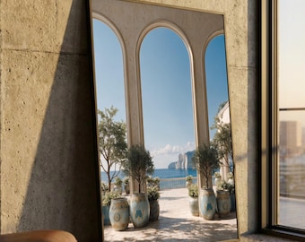 Leinwandbild mit mediterranem Terrassenblick, Wandbild mit Meereslandschaft, Dekoration für Bogenfenster, Küstenhausdekoration, Leinwandbild mit blauem Himmel und Meer