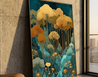 Golden Forest Trees Canvas, Abstract Nature Wall Art, Blue and Gold Botanical Canvas, Floral Forest Landscape, Home Decor Canvas Print