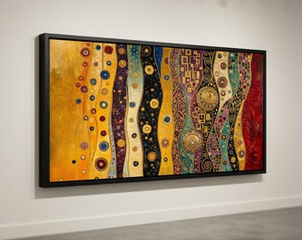 Lienzo decorativo con vibrantes ondas abstractas, tonos dorados y joya, patrones geométricos y circulares, lienzo decorativo moderno, lujo para el hogar.