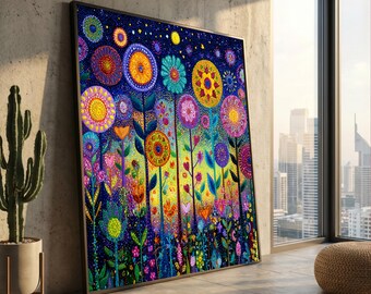 Vibrant Abstract Floral Canvas, Colorful Garden Wall Art, Whimsical Flower Design, Bright Nature Canvas, Decorative Home Art