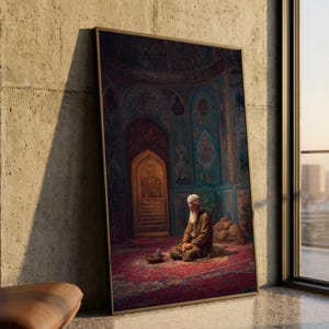 May include: A framed print depicting a man in traditional attire seated on a red carpet in a mosque. The interior features ornate teal and gold wall decorations and an arched doorway leading to stairs.