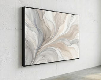 Lienzo abstracto en tonos neutros, arte mural con remolinos de mármol fluido, decoración moderna en beige y gris, arte contemporáneo fluido sobre lienzo, sala de estar