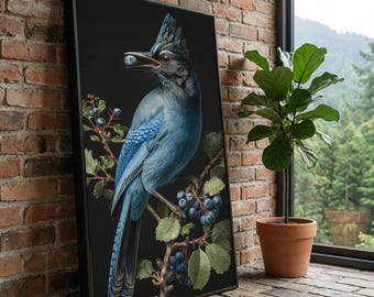 Blåskrika med blåbär på canvastavla, detaljerad naturillustration, djurlivsmålning, botanisk väggdekor, redo att hängas