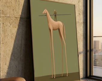 Cuadro mural surrealista de caballo alto, estilo escultura moderna de madera, arte figurativo minimalista, lienzo único para la decoración del hogar.