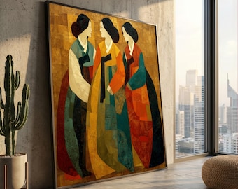 Elegante lienzo de mujeres coreanas, pintura tradicional hanbok, arte mural cultural asiático, decoración étnica moderna para el hogar, lienzo listo para colgar.
