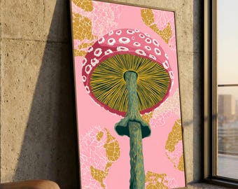 Lebendige rote Pilz-Segeltuchwandkunst, abstrakte Pilzillustration, modernes Naturdekor, botanische Leinwandmalerei, einzigartiger Hauptakzent