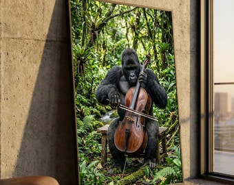 Gorilla spielt Cello auf Leinwand, einzigartige Tierkunst, Dschungelinstrument-Wanddeko, Musikdruck mit Wildtiermotiven, lustige Natur-Leinwandkunst