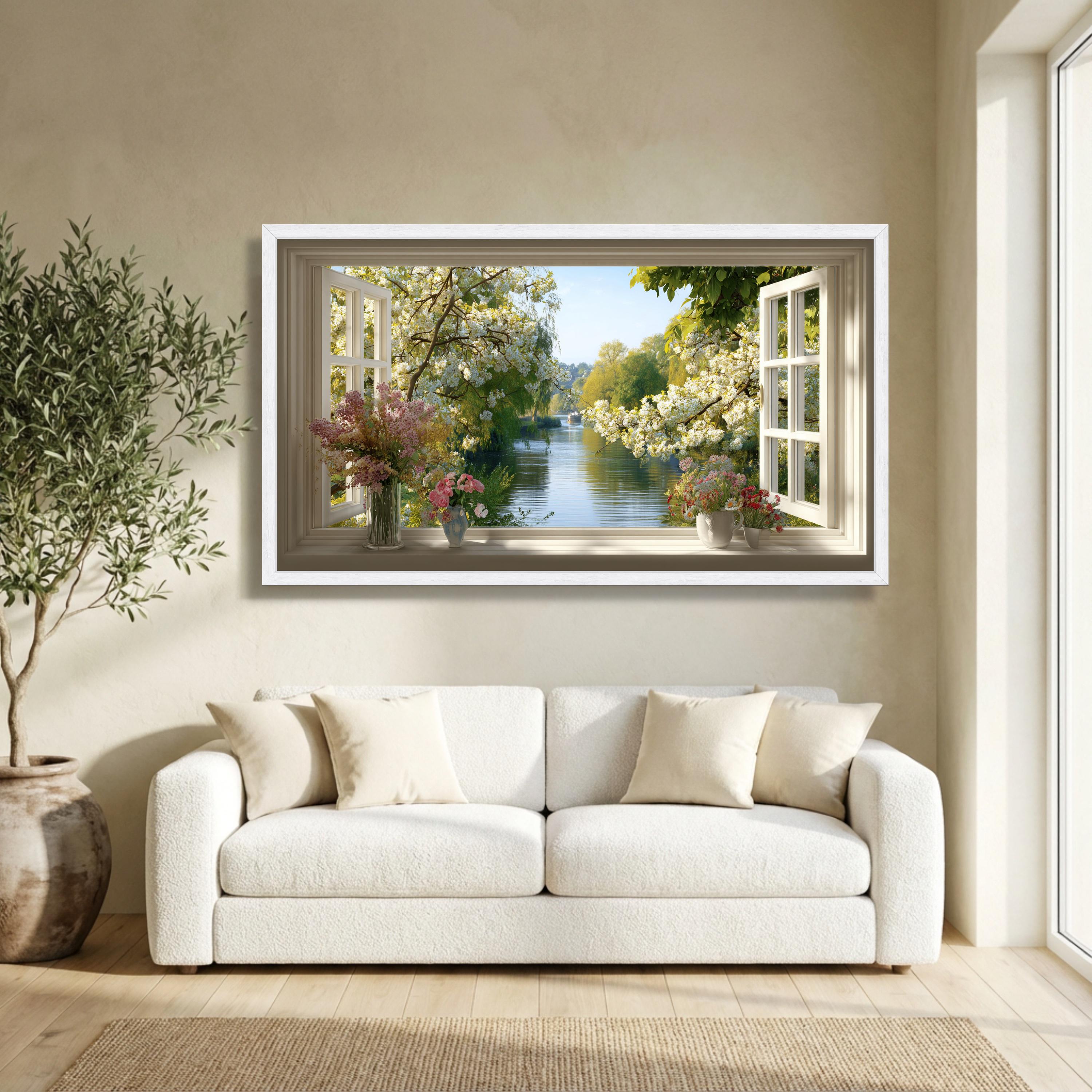 Spring Window View Real Open Window View Canvas, Spring Blossom Trees, River Landscape Wall Art ...