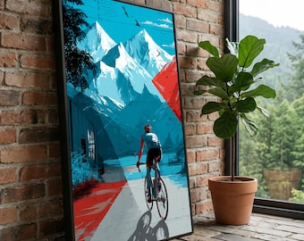 Bergradfahrer-Abenteuer Leinwand, moderne Sportwandkunst, Radsportdekor, schneebedeckte Gipfel Illustration, Aktive Lebensstil Leinwand