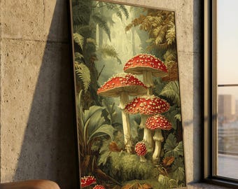 Verzauberte Waldpilze Leinwand, Roter Fliegenpilz Wandkunst, Botanische Naturszene, Waldpilzdekoration, Rustikale Hauptleinwandkunst