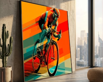Dynamischer Radfahrer in Bewegung Leinwand, abstrakte Sportwandkunst, lebendiges Fahrradrennen-Dekor, moderne athletische Leinwand, energetisches Zuhause