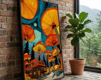 Verzauberte Waldpilze Leinwand, Fantasy Landschaft Wandkunst, surreale Natur Illustration, Nachthimmel Leinwanddekoration, gemütliche Hütte Szene