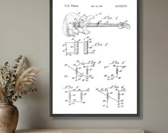 Lienzo con patente de guitarra eléctrica vintage, arte mural con planos técnicos, decoración de instrumentos musicales, impresión de patente retro, lienzo para estudio musical en casa.