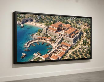 Leinwandbild mit Szene aus dem antiken Hafen von Ithaka, klassisch-griechische Festungsstadt, historische mediterrane Meereslandschaft, maritimes Erbe