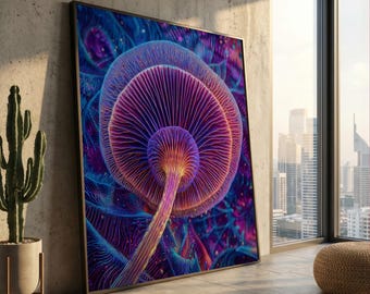 Lebendige leuchtende Pilz Leinwand, abstrakte Natur Wandkunst, psychedelische Pilze Dekor, bunte botanische Leinwand, fertig zum Aufhängen