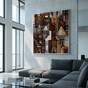 Lienzo con patrones tribales africanos abstractos, arte mural étnico, decoración bohemia para el hogar, lienzo geométrico en tonos marrones, diseño de arte cultural, listo para colgar. imagen 2