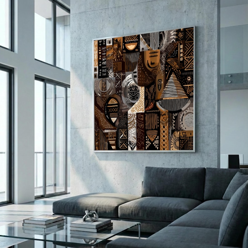 Lienzo con patrones tribales africanos abstractos, arte mural étnico, decoración bohemia para el hogar, lienzo geométrico en tonos marrones, diseño de arte cultural, listo para colgar. imagen 2