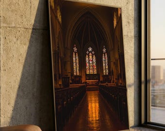 Lienzo de interior de iglesia gótica, arte mural de vidriera, decoración de pasillo de catedral, lienzo para hogar espiritual, arquitectura religiosa