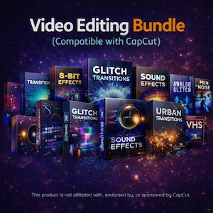 May include: A video editing bundle with various software packages, including "Glitch Transitions," "Sound Effects," and "Urban Transitions." The text "Video Editing Bundle" is at the top, with "Compatible with CapCut" below. The background is a dark purple with stars.