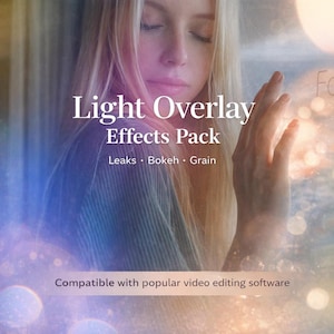 May include: A digital art image featuring a woman with closed eyes and blonde hair, overlaid with a soft, glowing light effect. Text reads "Light Overlay Effects Pack" with "Leaks, Bokeh, Grain" listed below. The bottom of the image states "Compatible with popular video editing software."