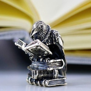 May include: A small, silver figurine of a raven reading a book, perched atop a stack of books. The background features an open book with yellowed pages, creating a scholarly theme. The figurine is detailed and the overall aesthetic is artistic.