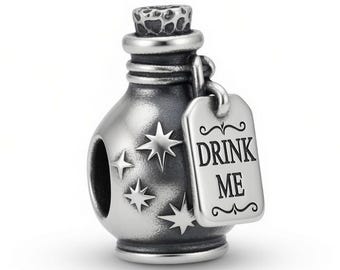 Sterling Silver Drink Me Bottle Charm, Wonderland Potion Fantasy Bead, Pandora Trollbeads Bracelet