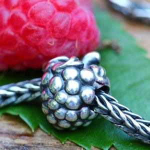 Op de afbeelding: Een zilveren bedel in de vorm van een framboos, geregen aan een zilveren ketting. De bedel is gedetailleerd met kleine, ronde bobbels. Felrode frambozen en een groen blad staan op de achtergrond.