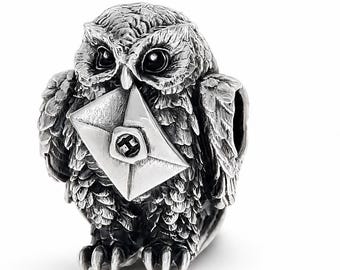 Owl with Letter Silver Bead,Charm, Fits Pandora and Trollbeads Bracelet.