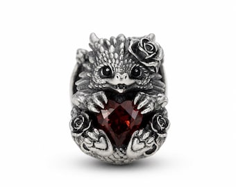 Sterling Silver Baby Dragon Charm with Roses and Garnet | Fantasy Bead for Bracelets