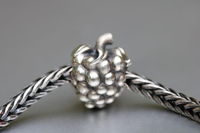 Op de afbeelding: Een zilveren bedel in de vorm van een framboos, met een getextureerd oppervlak en steel. De bedel is geregen aan een zilveren gevlochten ketting. Het is een sieradencomponent.