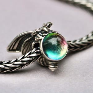 Sterling Silver Moth Hugger Charm, Opal or Dichroic Glass, Fits Trollbeads Pandora