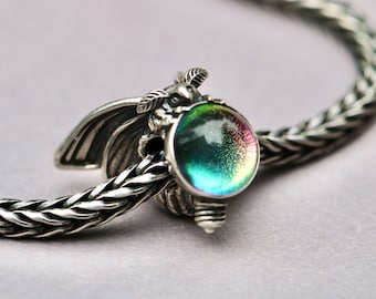 Sterling Silver Moth Hugger Charm, Opal or Dichroic Glass, Fits Trollbeads Pandora