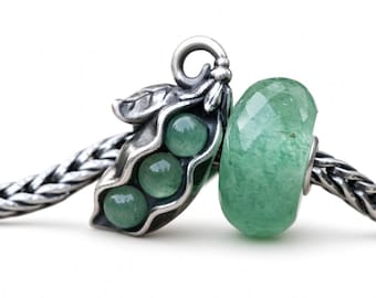 Groene erwtenpeul met aventurijn, bedeltje van sterling zilver 925, past op Trollbeads- en Pandora-armbanden.