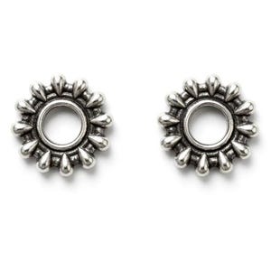 May include: A pair of circular silver-toned metal studs featuring a central open ring surrounded by a series of small, rounded, petal-like protrusions radiating outward, creating a sunburst-inspired design with a polished, reflective finish.