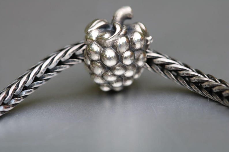 Op de afbeelding: Een zilveren bedel in de vorm van een framboos, geregen aan een gevlochten zilveren ketting. De bedel heeft een gedetailleerd, getextureerd oppervlak met kleine, ronde bobbels. De ketting is ook zilver en heeft een geweven uiterlijk. De achtergrond is effen grijs.