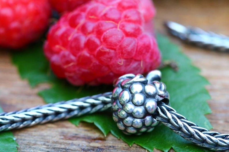 Op de afbeelding: Een zilveren bedel in de vorm van een framboos, geregen aan een zilveren ketting. De bedel is gedetailleerd met kleine, ronde bobbels. Felrode frambozen en een groen blad staan op de achtergrond.