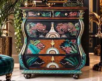 Secretary Desk with Storage | Hand Painted Writing Desk | Art Deco Statement Cabinet | One of a Kind Furniture
